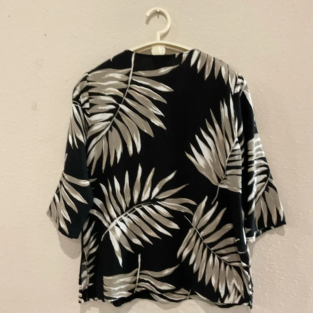 Premise Linen Blend Tunic Black/Tan Lace Palm Leaves V-neck Boho Women’s Medium